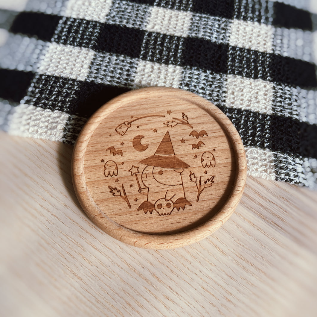 Bubu and Moonch Laser Engraved Wooden Coaster Featuring Witchy Bubu with a Halloween Wreath