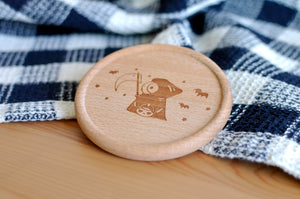 Bubu and Moonch Laser Engraved Wooden Coaster Featuring Grim Reaper Bubu