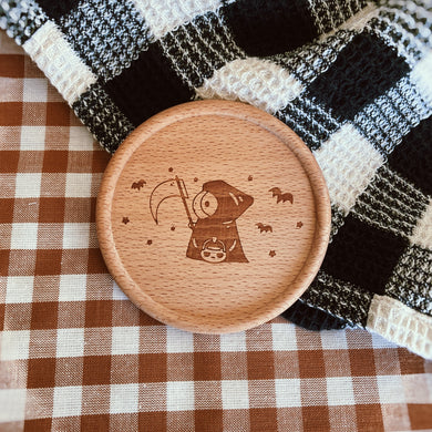 Bubu and Moonch Laser Engraved Wooden Coaster Featuring Grim Reaper Bubu