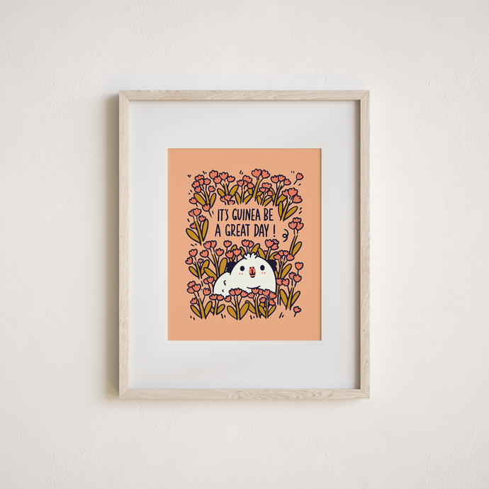 Orange Floral Guinea pig art print by Noristudio