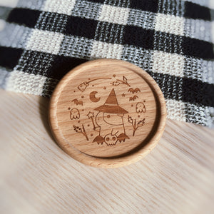 Bubu and Moonch Laser Engraved Wooden Coaster Featuring Witchy Bubu with a Halloween Wreath