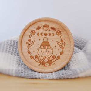 Bubu and Moonch Laser Engraved Wooden Coaster Featuring Crocheting Bubu