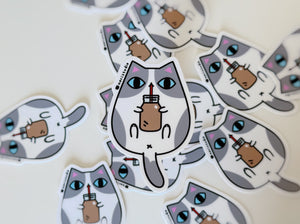 Gray and White Tuxedo Cat with Chocolate Milk Vinyl Sticker