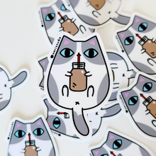 Gray and White Tuxedo Cat with Chocolate Milk Vinyl Sticker