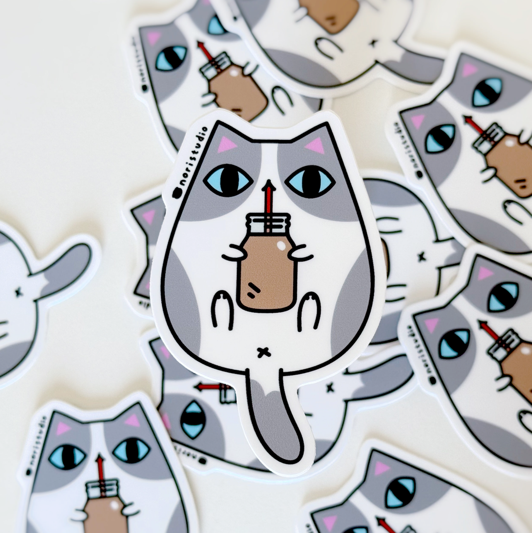 Gray and White Tuxedo Cat with Chocolate Milk Vinyl Sticker