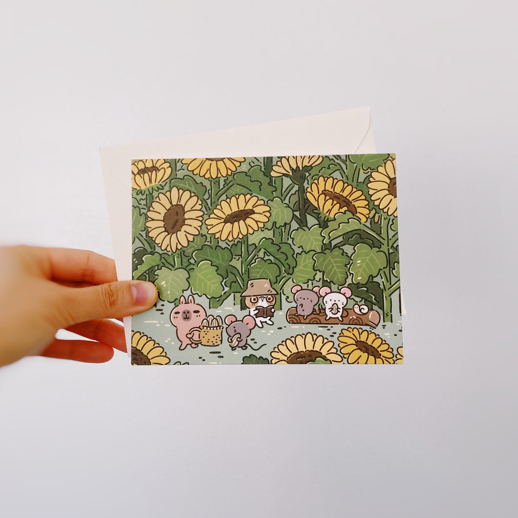 cute Guinea pig and capybara and mice cute sunflower greeting card by Noristudio