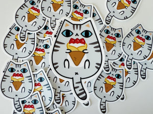 Light gray Tabby Cat with Strawberry Crepe Vinyl Sticker by Noristudio