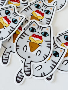 Light gray Tabby Cat with Strawberry Crepe Vinyl Sticker by Noristudio