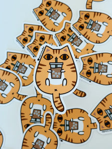 Orange Tabby Cat with Iced Coffee Vinyl Sticker by Noristudio
