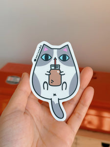 Gray and White Tuxedo Cat with Chocolate Milk Vinyl Sticker