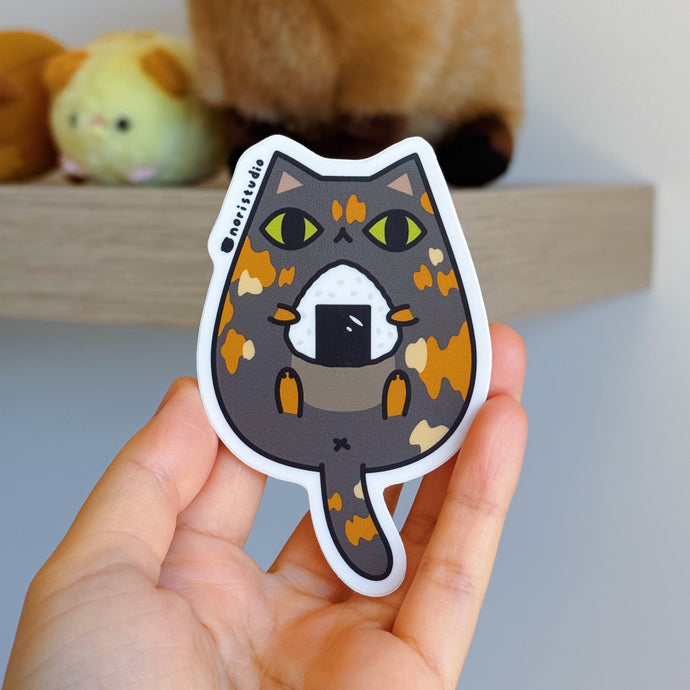 tortie cat with onigiri vinyl sticker by Noristudio