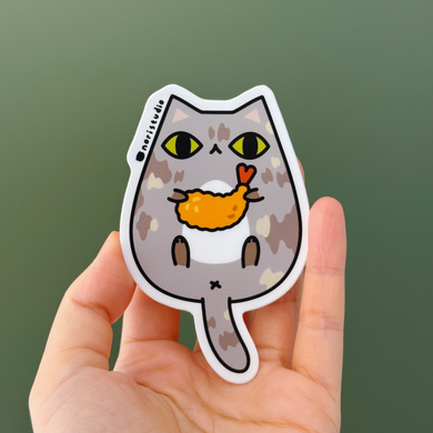 Muted Tortie Cat with Shrimp Tempura Vinyl Sticker by Noristudio