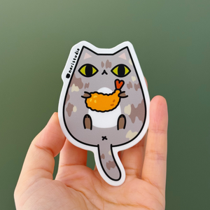 Muted Tortie Cat with Shrimp Tempura Vinyl Sticker by Noristudio