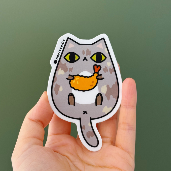Muted Tortie Cat with Shrimp Tempura Vinyl Sticker by Noristudio