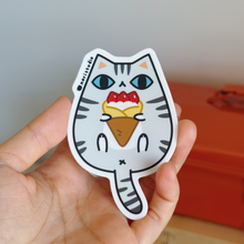Silver Tabby Cat with Strawberry Crepe Vinyl Sticker by Noristudio