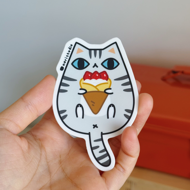 Silver Tabby Cat with Strawberry Crepe Vinyl Sticker by Noristudio