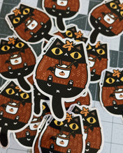 Black Cat in Orange Sweater Holding Pumpkin Spice Latte with Maple Leaf on Head Glitter Vinyl Sticker