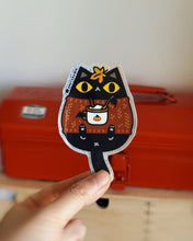 Black Cat in Orange Sweater Holding Pumpkin Spice Latte with Maple Leaf on Head Glitter Vinyl Sticker