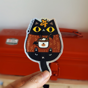 Black Cat in Orange Sweater Holding Pumpkin Spice Latte with Maple Leaf on Head Glitter Vinyl Sticker