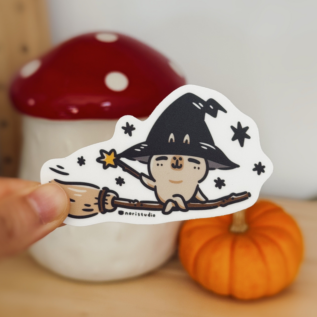 Bubu and Moonch Capybara Witch Riding a Magic Broom Vinyl Sticker
