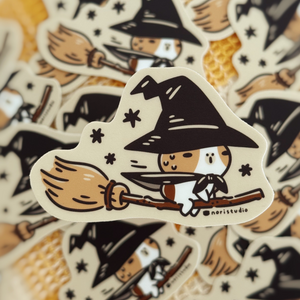 Bubu and Moonch Guinea Pig Witch Riding a Magic Broom Vinyl Sticker