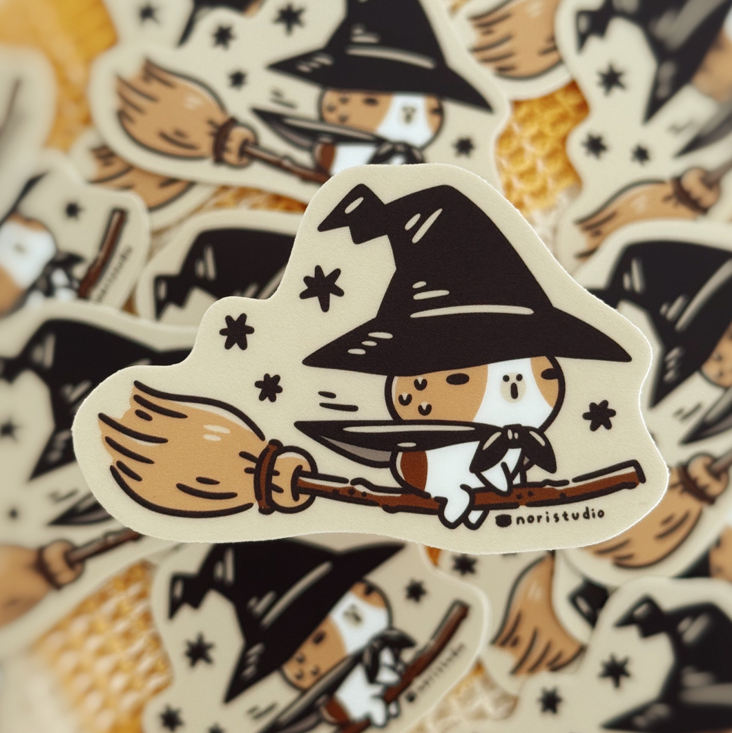 Bubu and Moonch Guinea Pig Witch Riding a Magic Broom Vinyl Sticker
