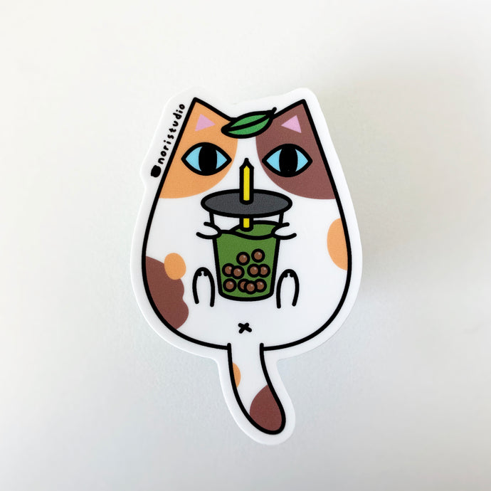 calico cat with bubble tea vinyl sticker by Noristudio