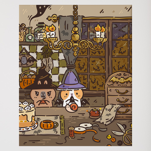 Bubu and Moonch Cozy Halloween Craft Party cute art print by Noristudio