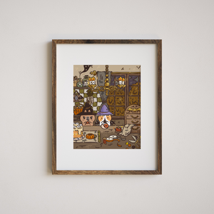 Bubu and Moonch Cozy Halloween Craft Party cute art print by Noristudio