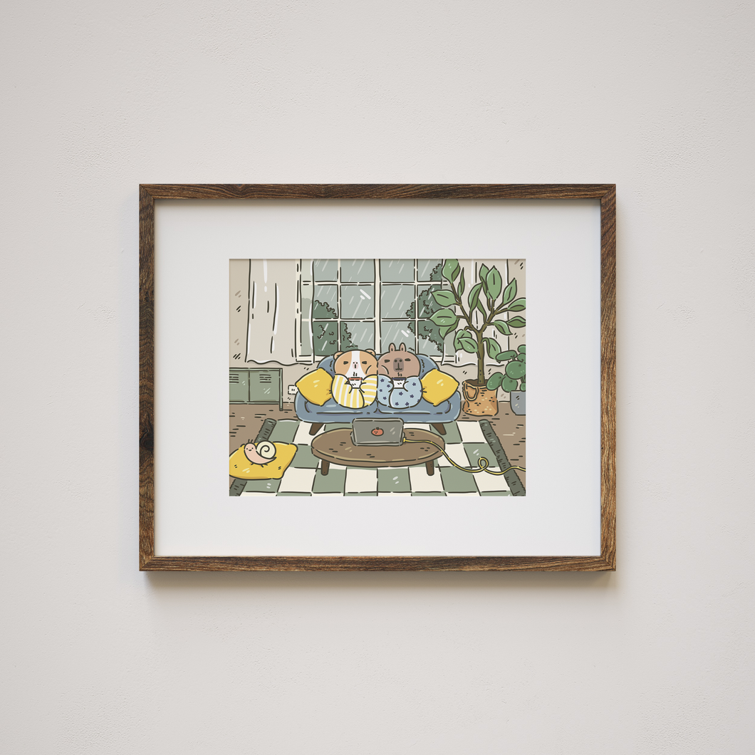 Bubu and Moonch kawaii cozy rainy day art print by Noristudio 