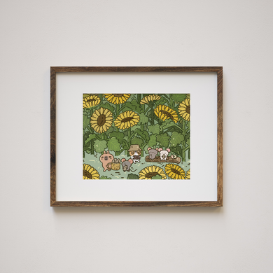 Bubu and Moonch and three little mice Sunflower Field Cute Art Print by Noristudio