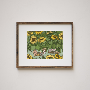 Bubu and Moonch and three little mice Sunflower Field Cute Art Print by Noristudio