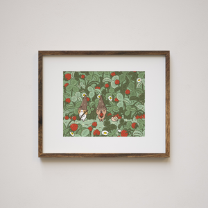 Bubu and Moonch Kawaii Cozy Cottagecore strawberry art print by Noristudio 