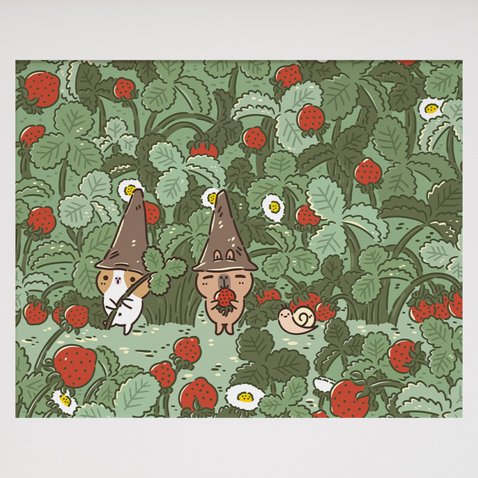 Bubu and Moonch Kawaii Cozy Cottagecore strawberry aesthetic print by Noristudio 