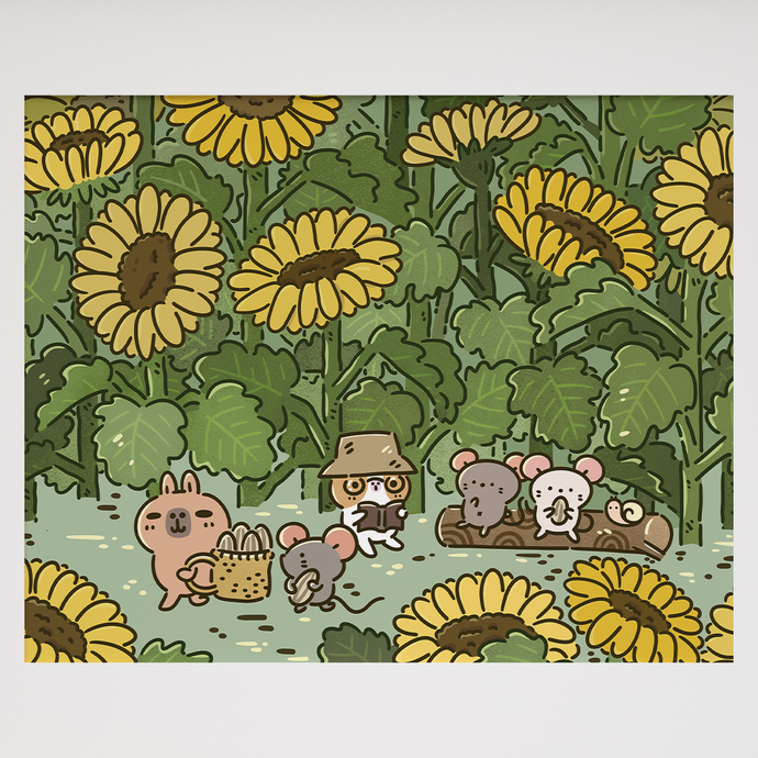 Bubu and Moonch and three little mice Sunflower Field cozy aesthetic Art Print by Noristudio
