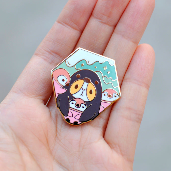 Bubu the Guinea Pig Penguin with Baby Penguins Enamel Pin, 18K gold plated pink penguins
