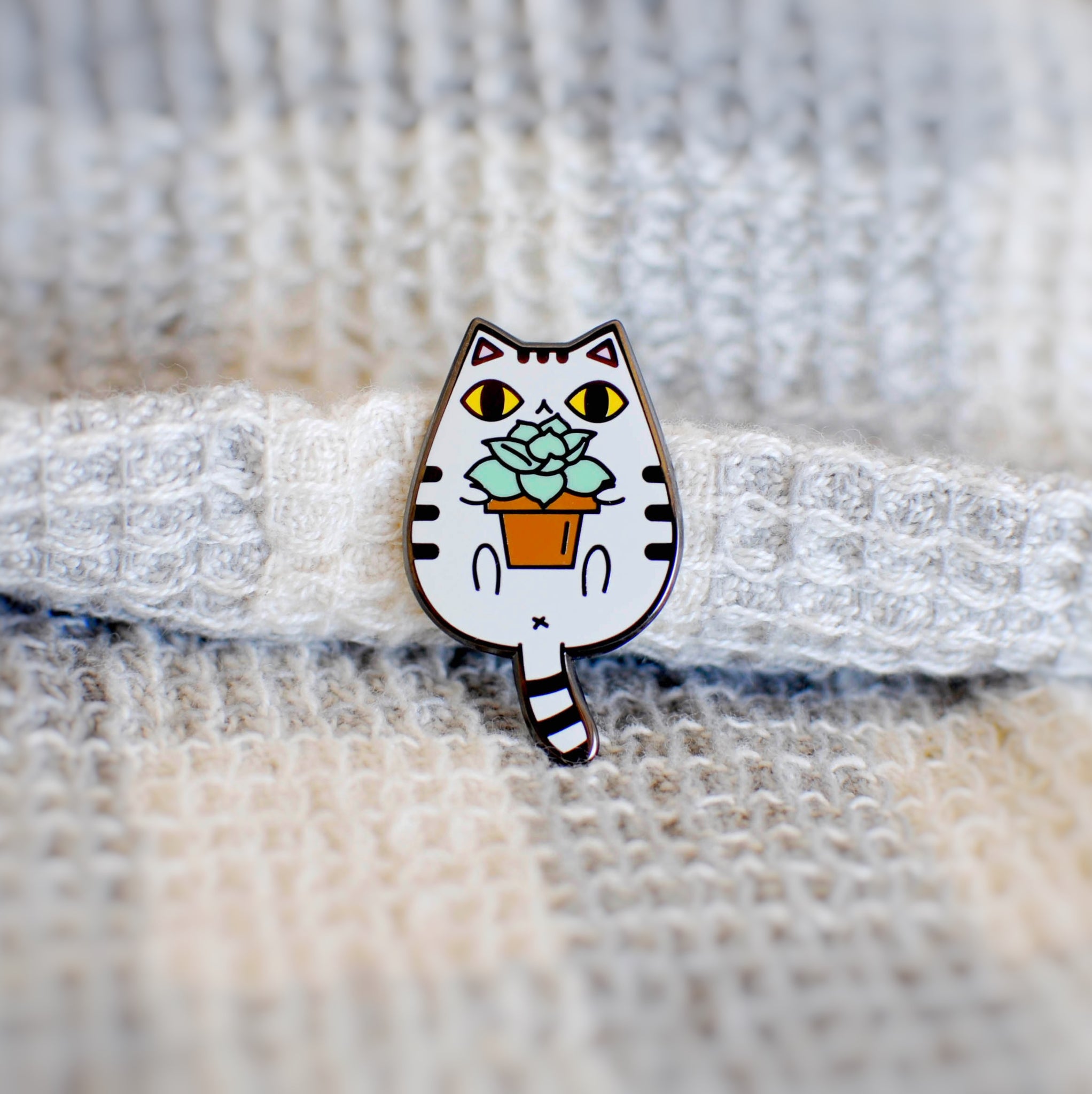 succulent enamel pin Gray Tabby Cat and Succulent Plant Enamel Pin – Noristudio