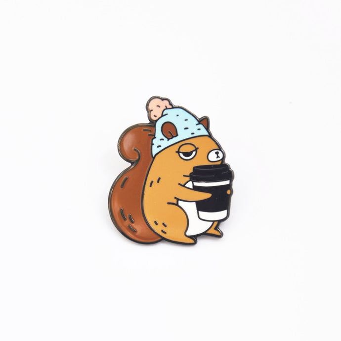 Coffee Addict Squirrel Enamel Pin, Blue