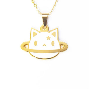 24K gold plated planet cat white cat necklace by Noristudio