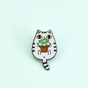 Gray Tabby Cat and Succulent Plant Enamel Pin by Noristudio