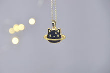 24K Gold Plated Planet Cat Necklace, Black Cat