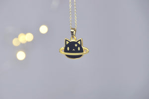 24K Gold Plated Planet Cat Necklace, Black Cat